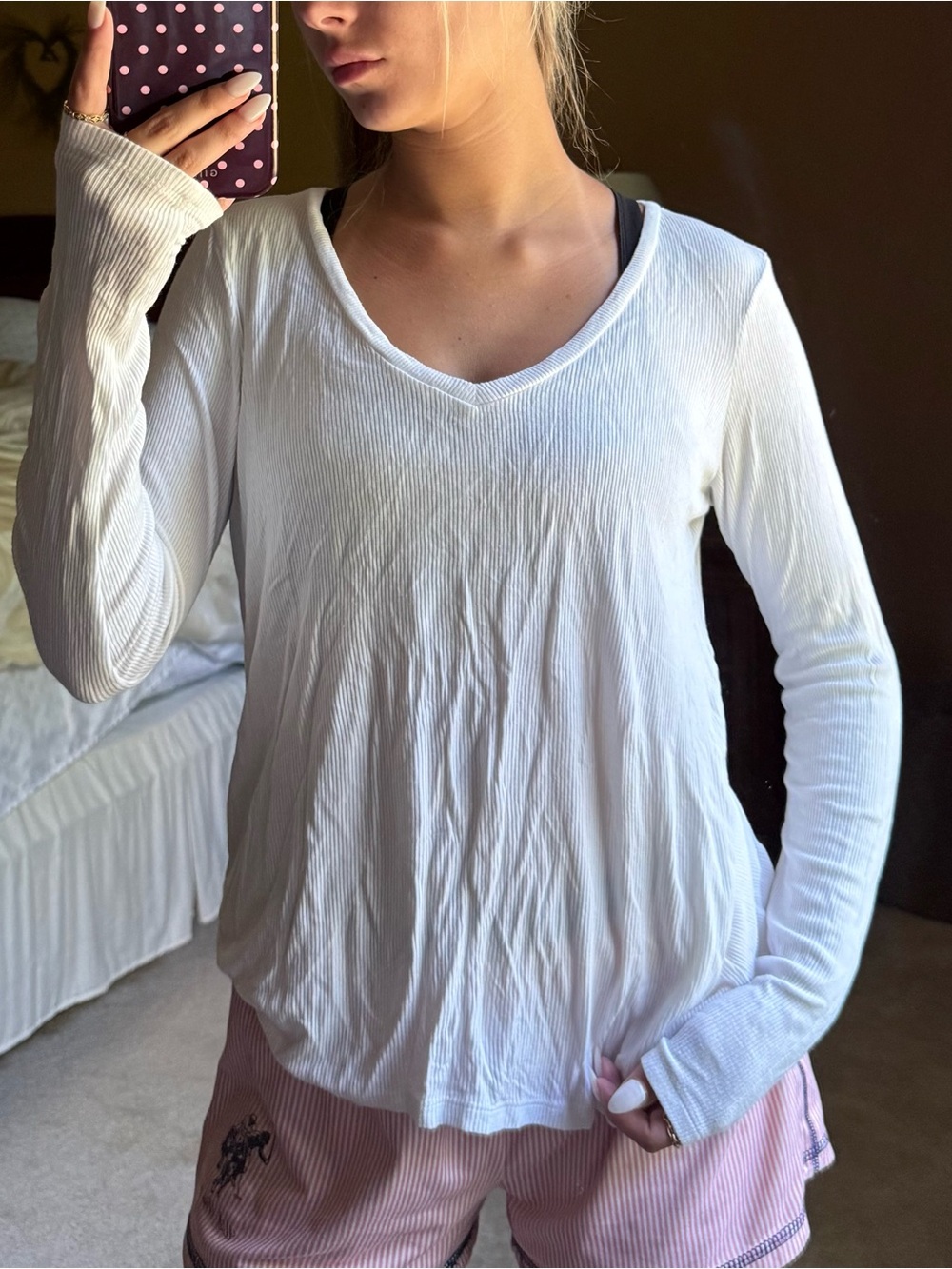 American Eagle Outfitters Cream V-Neck Long Sleeve Ribbed Top